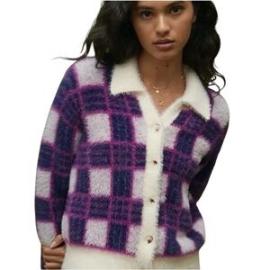 Anthropologie GRAYLIN fuschia black ivory plaid eyelash cardigan women’s medium